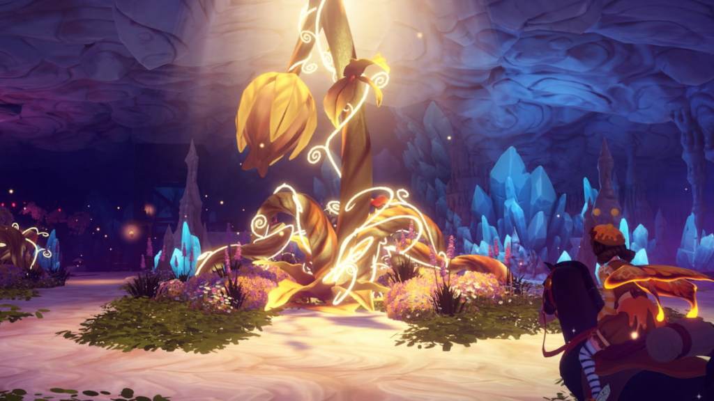 Riding horse toward glowing wishblossom in disney dreamlight valley