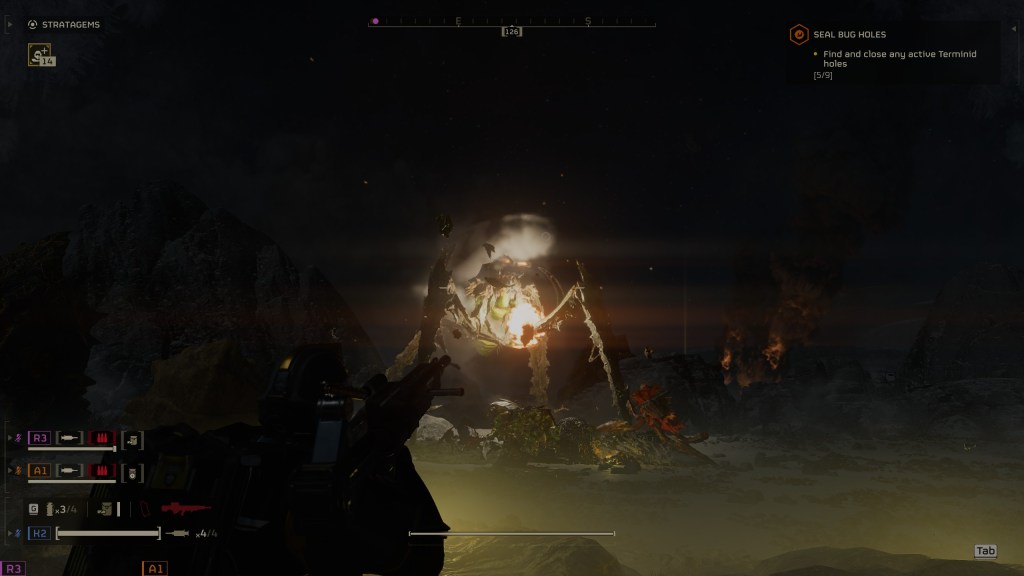 A massive bug being shot at in Helldivers 2. 