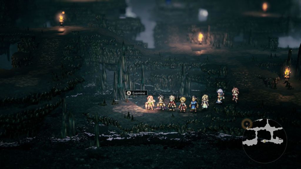 A screenshot showing the party in Octopath Traveler 0 standing in front of a sparkling blue spot on the ground.