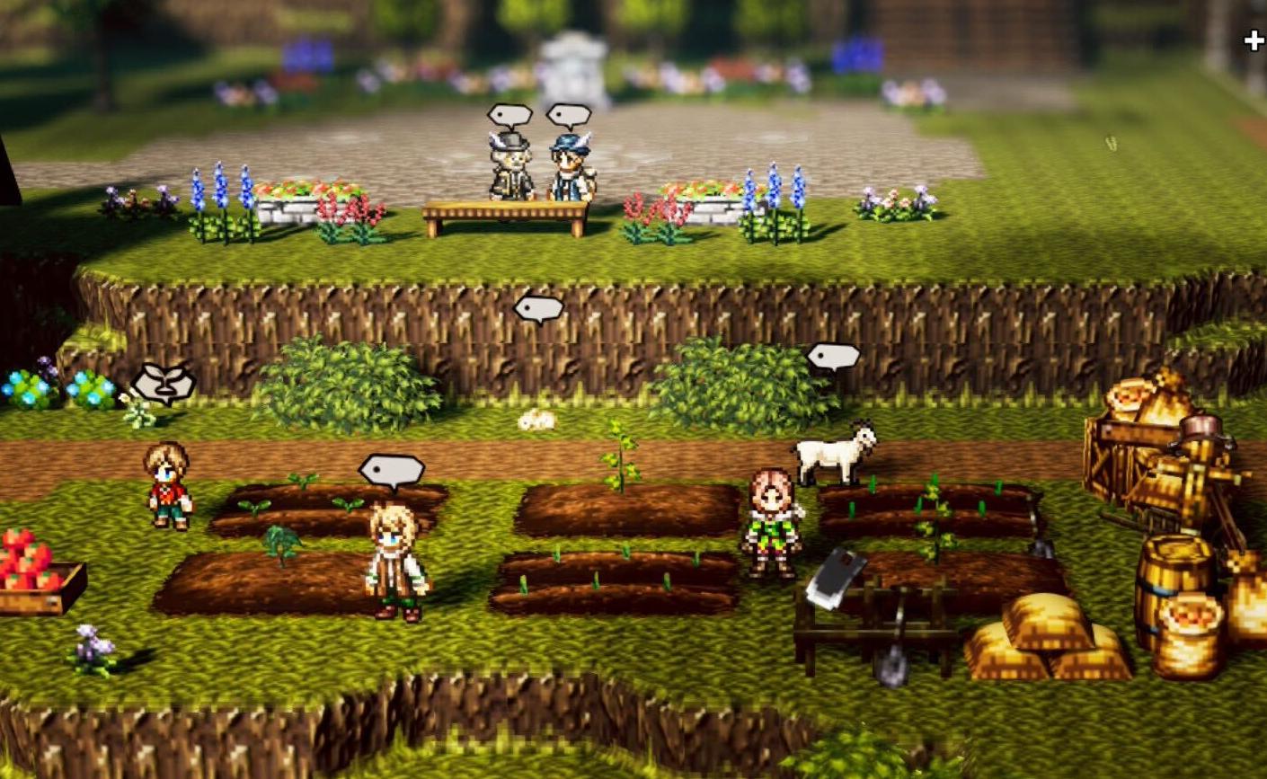 A screenshot from Octopath Traveler 0 showing six plant beds in the Wishvale fields. A bunch of NPCs stand around the town.