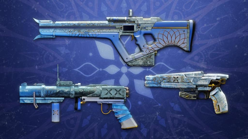The three weapons in Destiny 2's 2025 Dawning: Fimbulwinter Stitch, Mistral Lift, and Permafrost