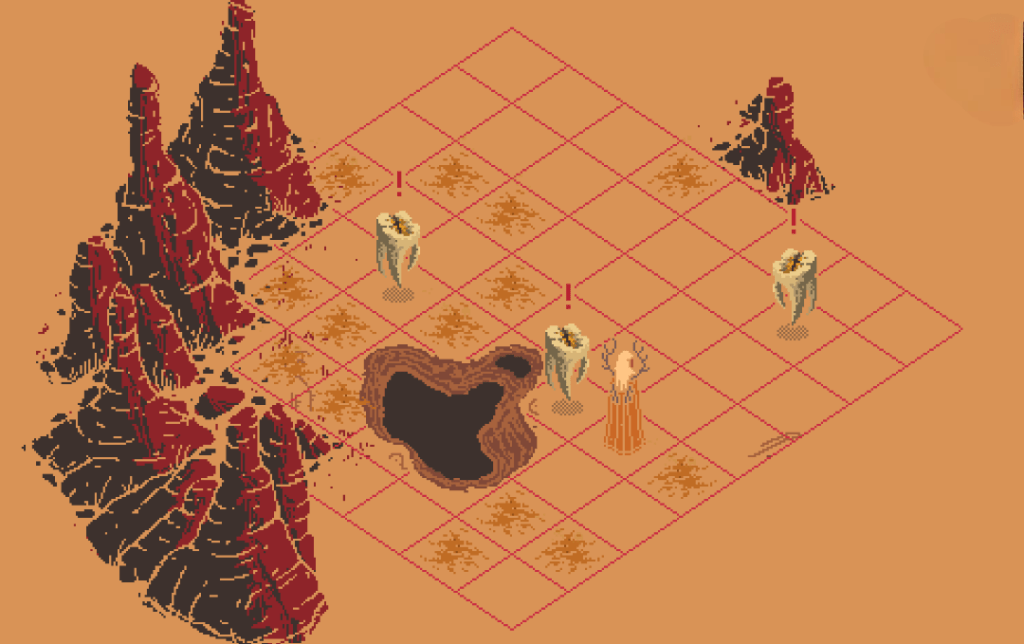 Ro, a woman in an orange cloak and white hair, stands on a tiled grid with three rotten, floating teeth.