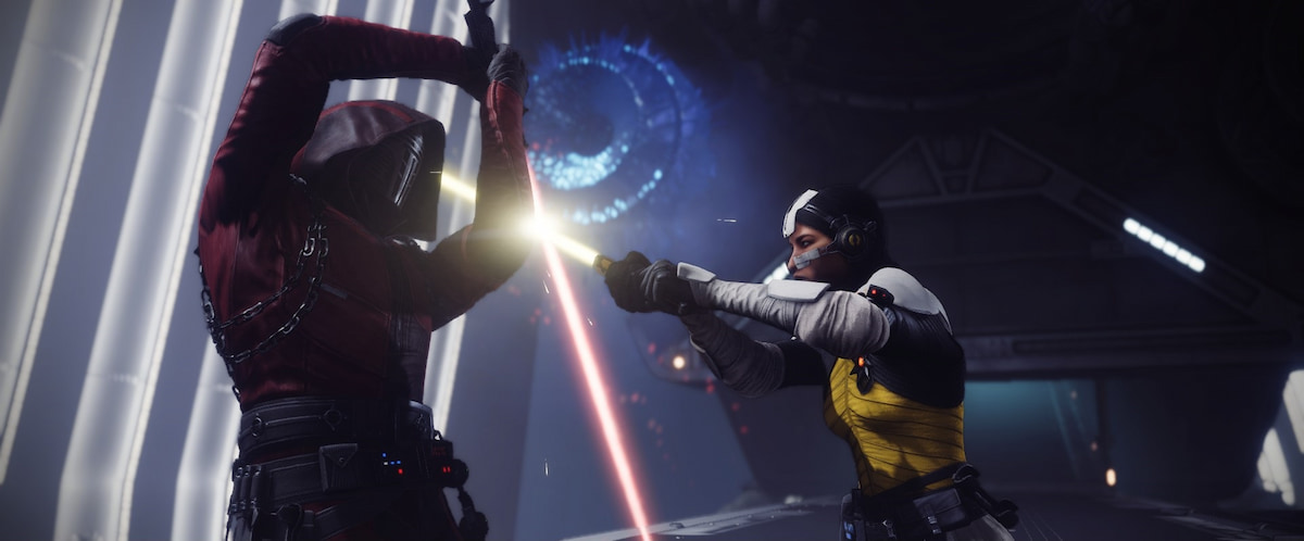 Aunor and Dredgen Bale lock lightsabers during the Destiny 2 Renegades campaign.