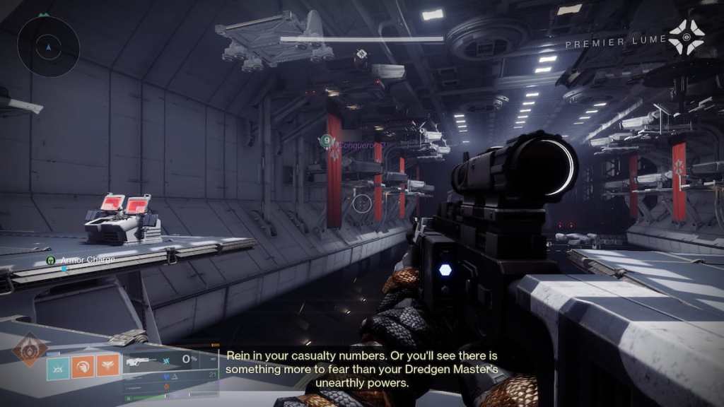 A guardian stands on the left side of the hangar in the Equilibrium dungeon, where there's a collectible.