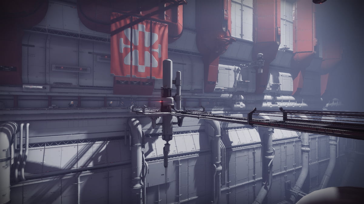 The wide interior of a ship, with one path leading to a pillar of sorts in Destiny 2's Equilibrium dungeon.