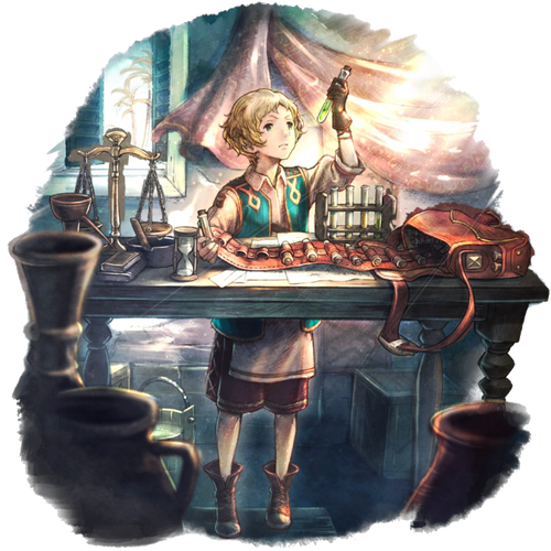 Esperre, a small boy with short blonde hair, holds a green test tube up as he stands over an apothecary table.