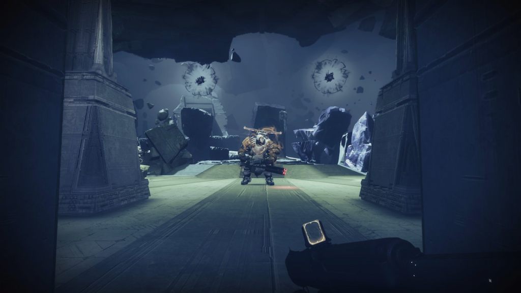 The arena for the Disciple of Harrow, a Cabal armed with a minigun. Two black Blights are visible in the background.