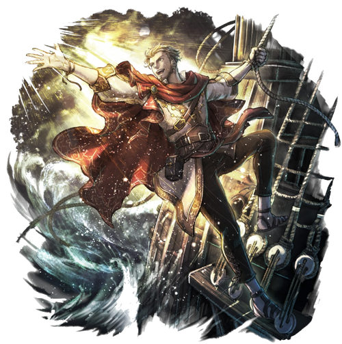 Goodwin, a blonde-haired man leaning on the side of a ship by a rope with his hand outstretched towards the sea