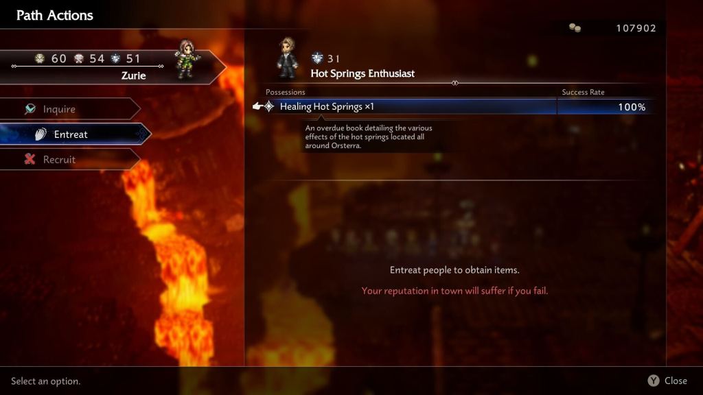 Hot Springs Enthusiast, a man wearing a suit, and his inventory in Octopath Traveler 0.