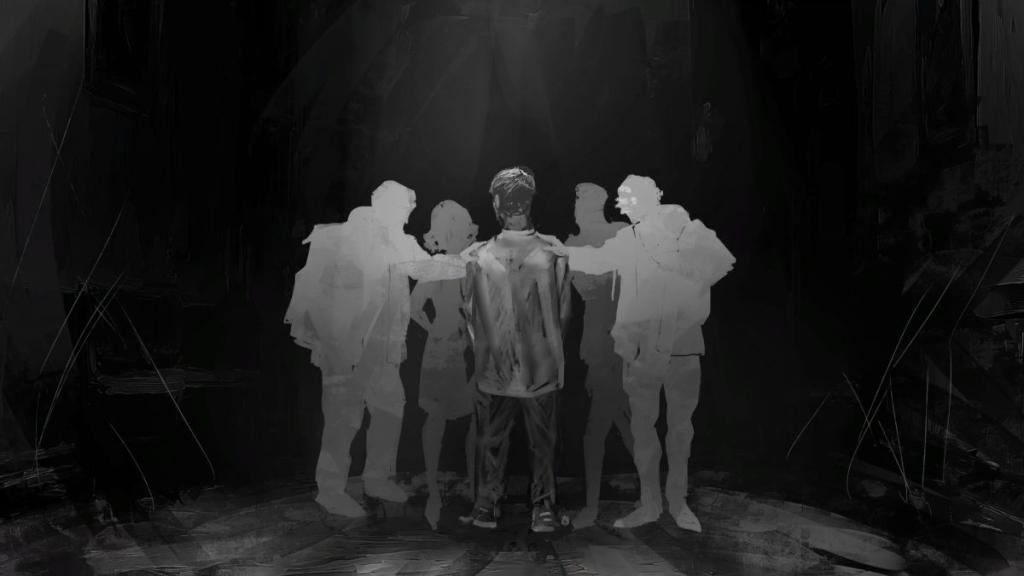 MC with silhouettes of friends standing around him for best No Means Nothing Ending cutscene
