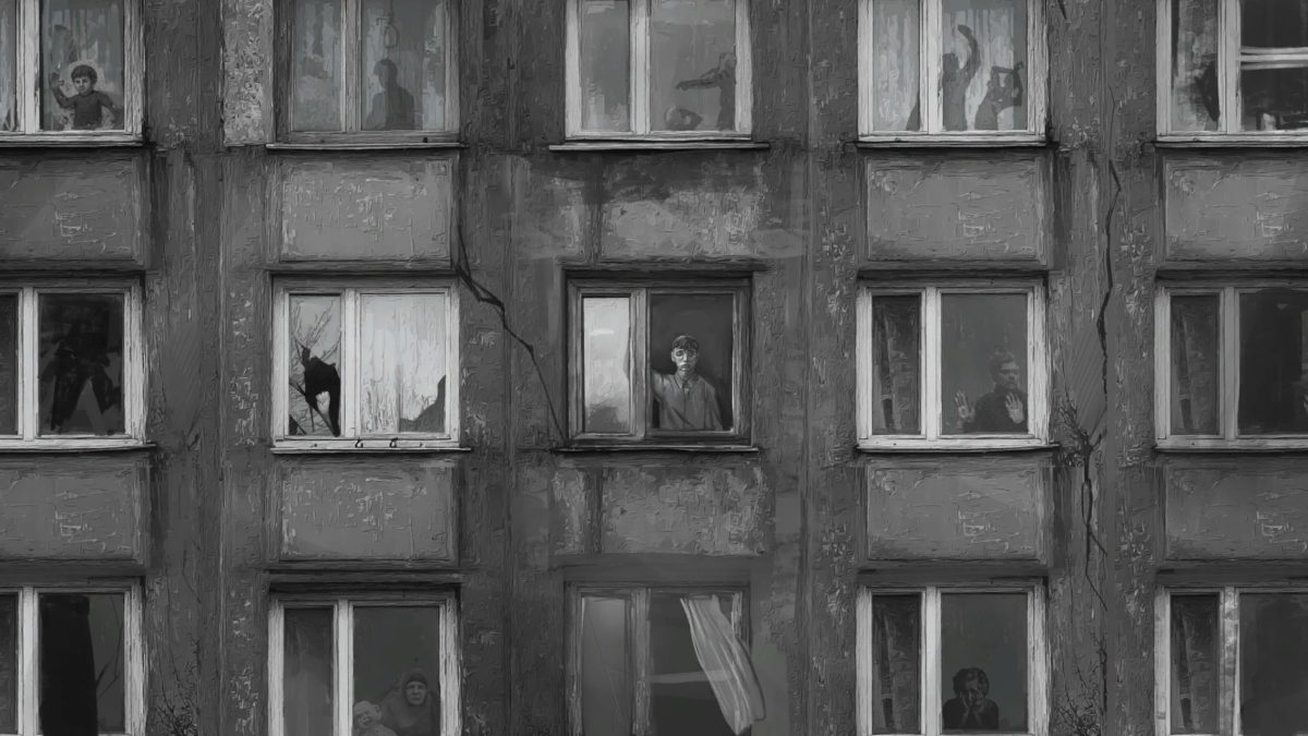MC looking out the window with other abusive relationships pictured through the neighboring apartments in No Means Nothing ending