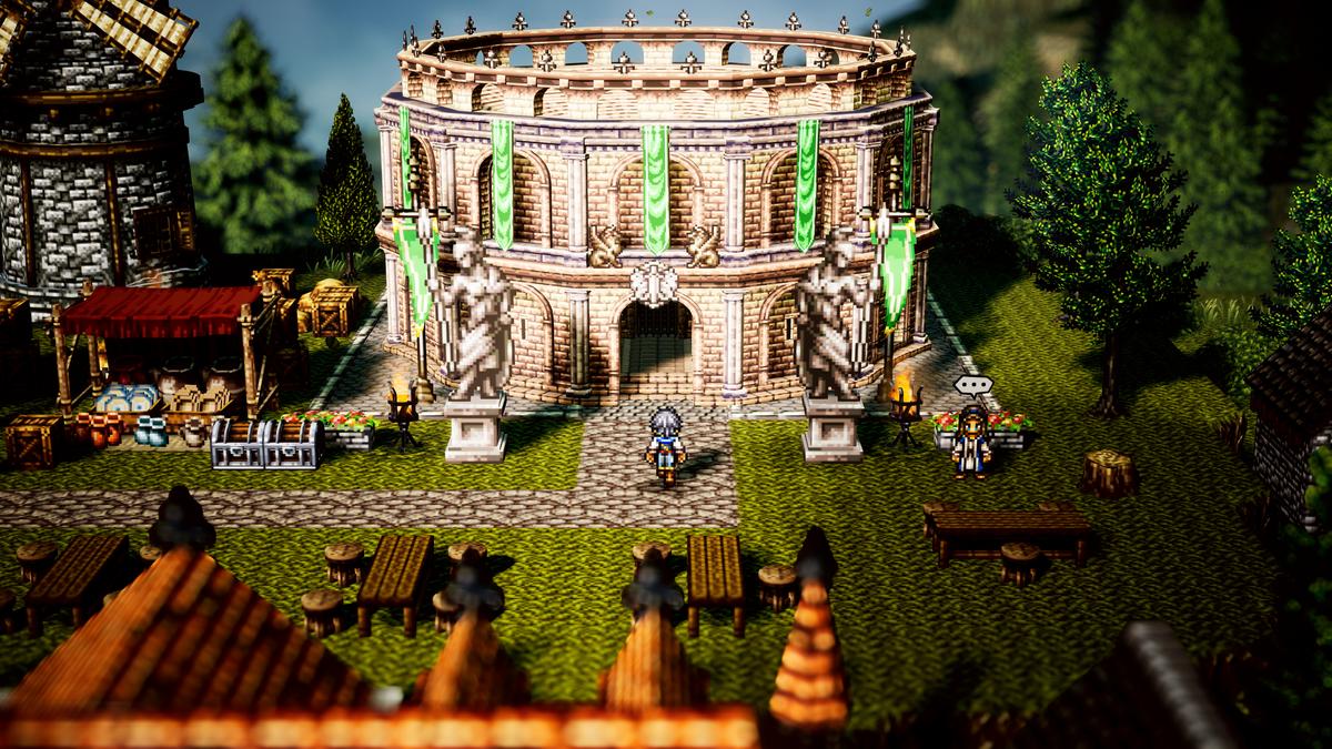 A pixelated warrior walks into a coliseum in Octopath Traveler 0.
