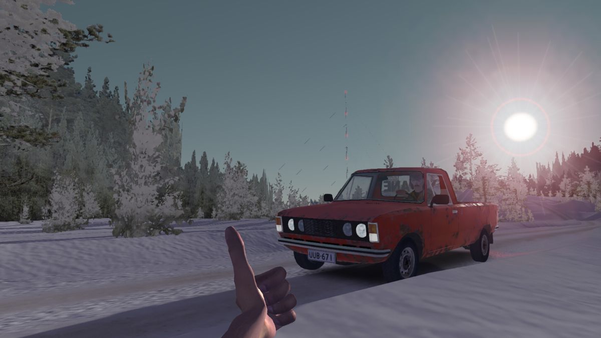 The player gives a thumbs up to an NPC driver in My Winter Car.