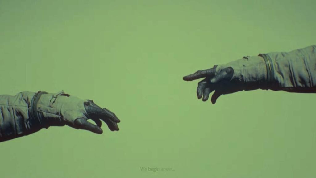Two astronaut hands meeting at the center, like The Creation of Adam