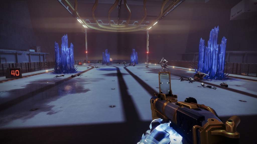 Four Stasis Crystals generated by a Permafrost with Crystalline Corpsebloom in the Firing Range in Destiny 2.