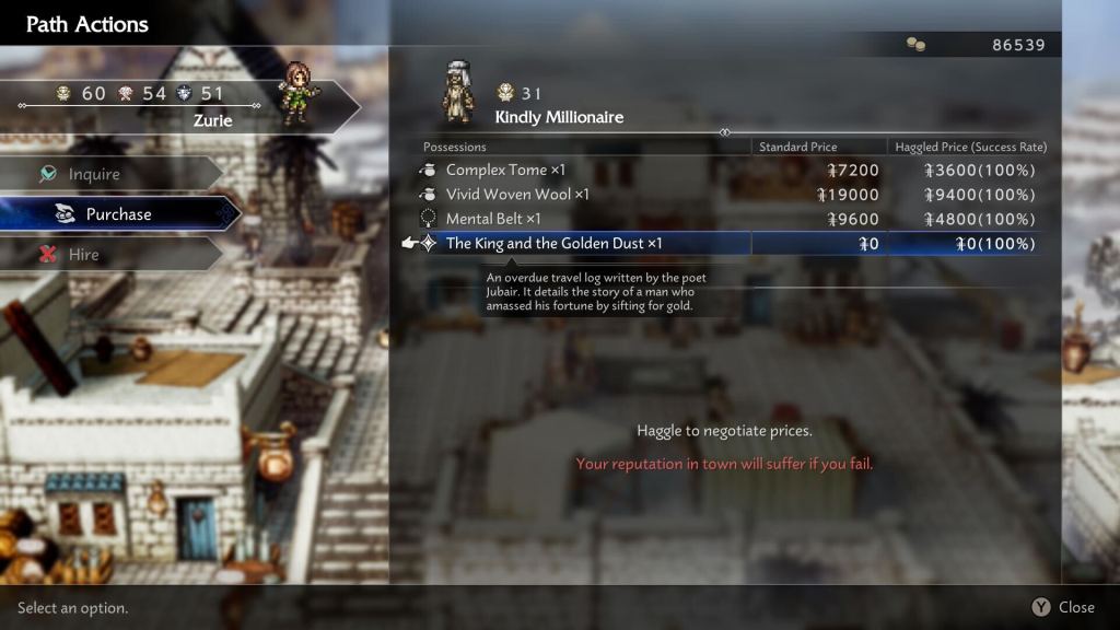 A screenshot showing Kindly Millionaire's inventory, with a bunch of stuff for sale, including The King and the Golden Dust.