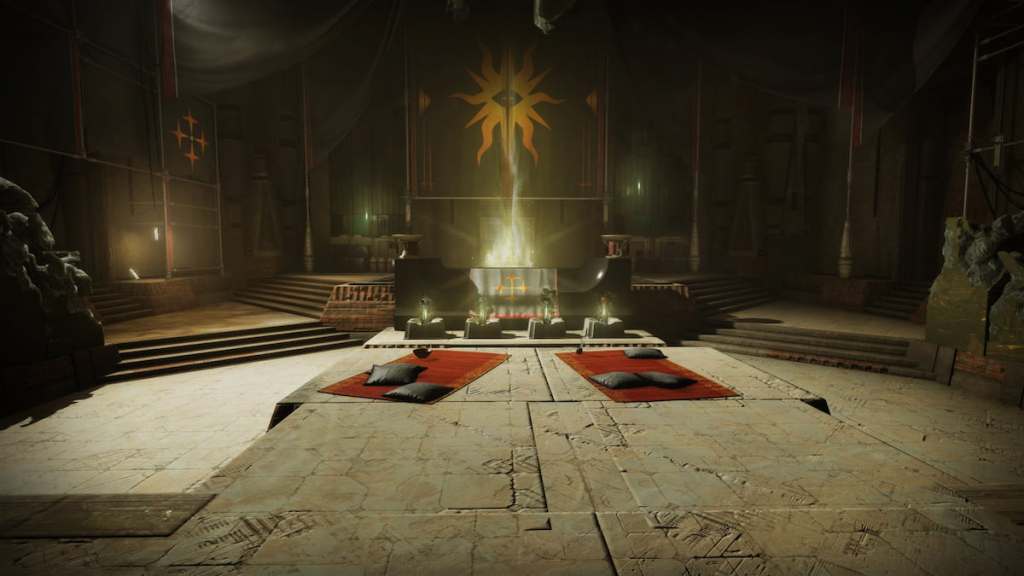 The inner part of the Praxic Temple, with four relics deposited and a lit brazier in the background.