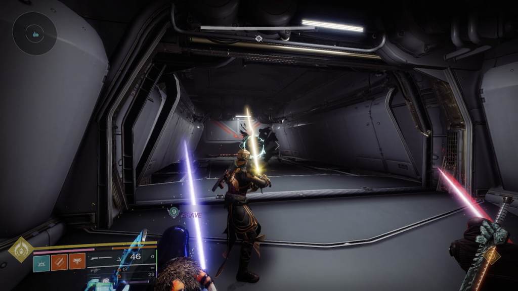 Three guardians spot a Taken Blight in the Equilibrium dungeon in Destiny 2's The Way Between quest.