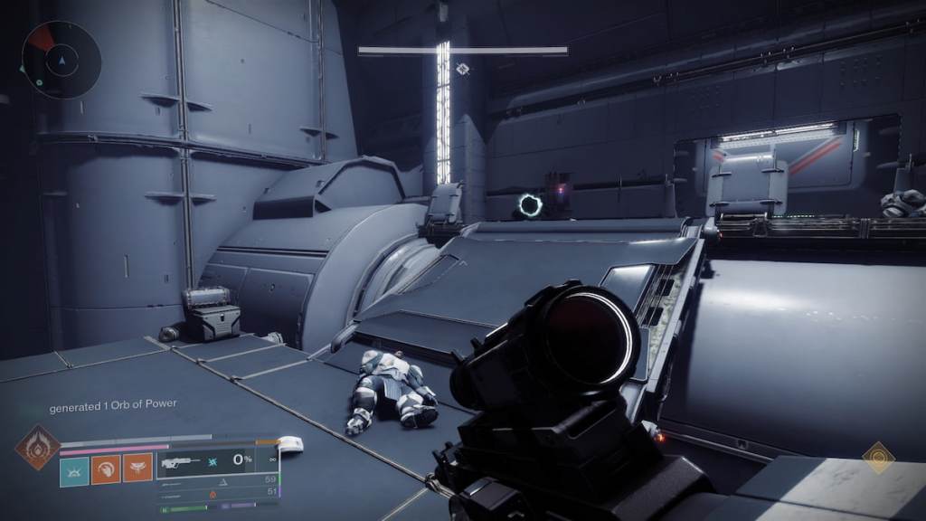 A hangar in the Equilibrium dungeon with a small Taken Blight visible.