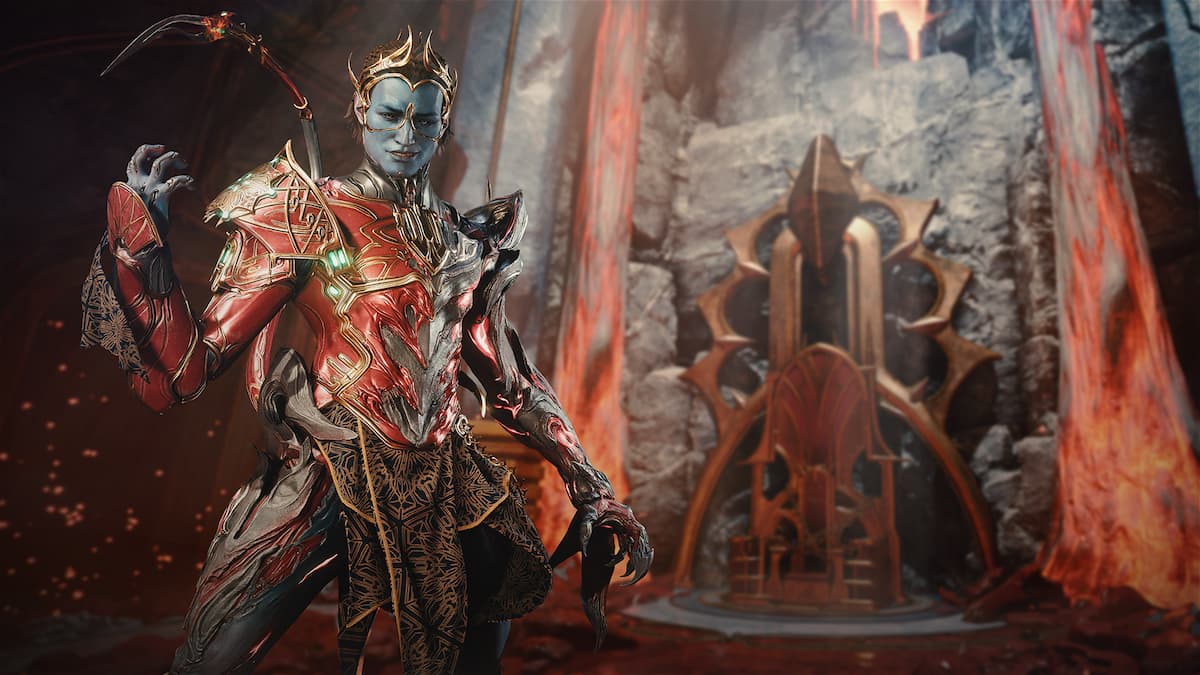 Roathe, a blue Orokin and Uriel's Protoframe, stands in front of a throne in what looks like hell.