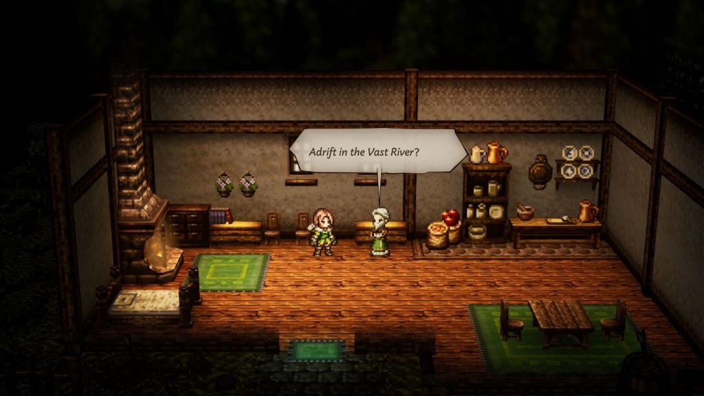 A man stands in a house with a dialogue bubble asking "Adrift in the Vast River?"