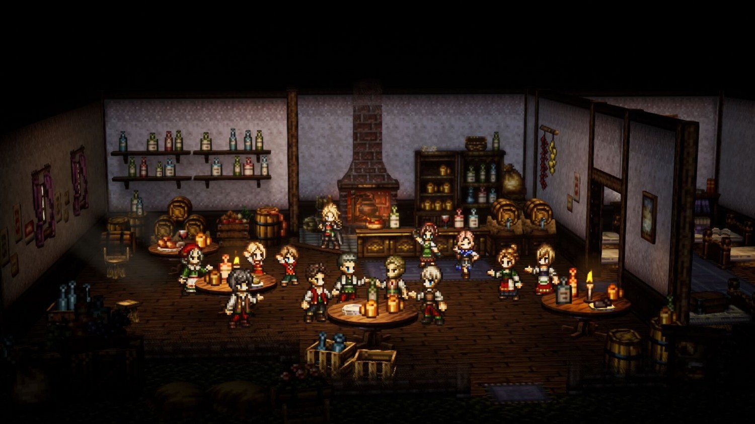 A screenshot from Octopath Traveler depicting a tavern full of pixelated men and women.
