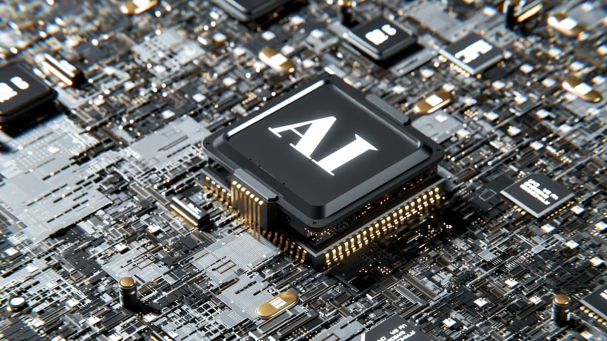A stock image of AI represented as a microchip on a motherboard.