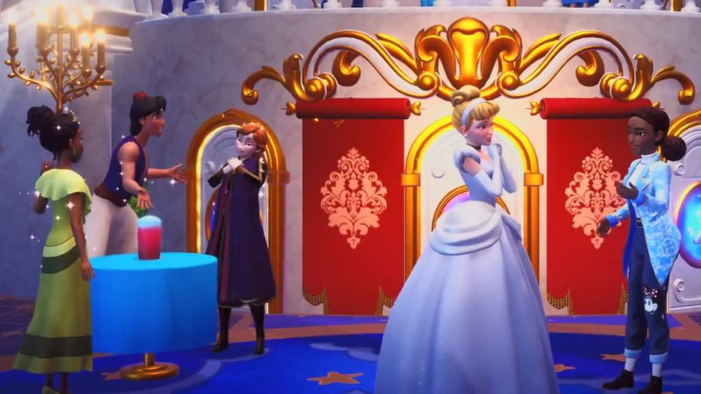 Cinderella, tiana, anna, aladdin, and the player attending a ball in disney dreamlight valley