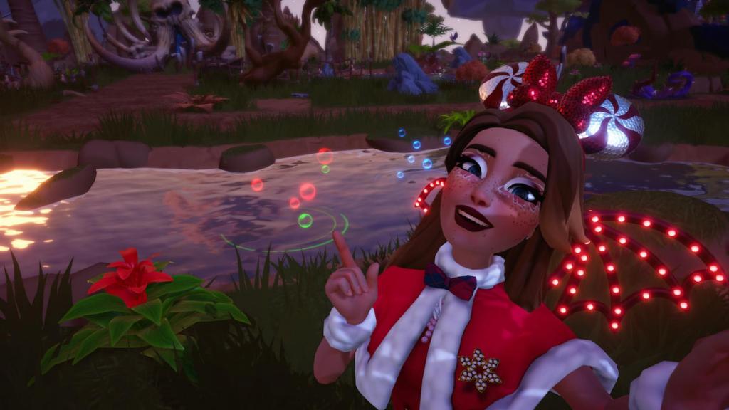 Pointing at red and green bubble spot in disney dreamlight valley