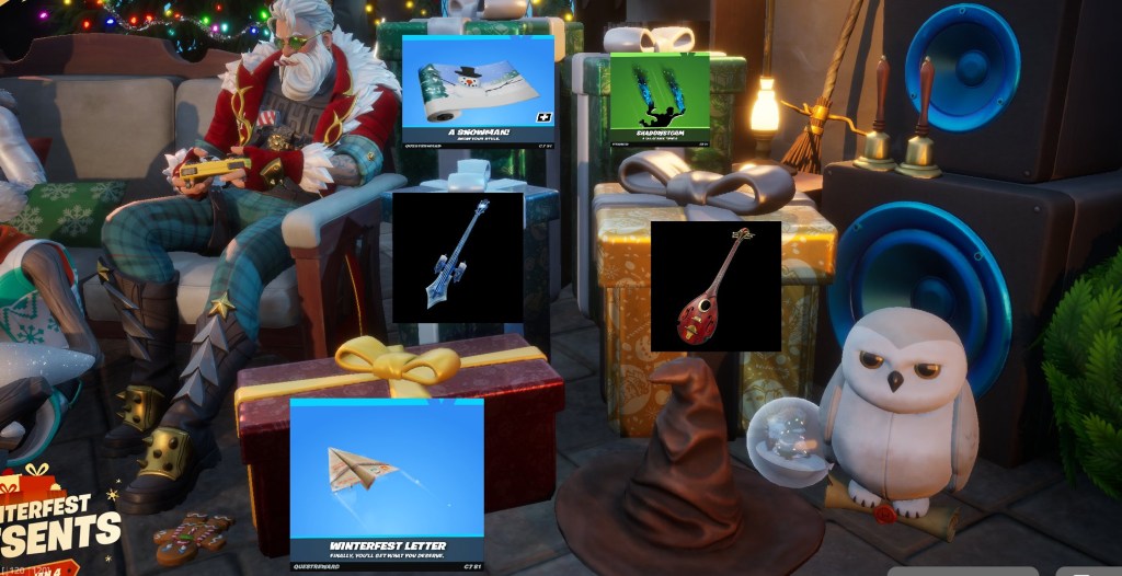 Winterfest gifts on the right side of the room. 