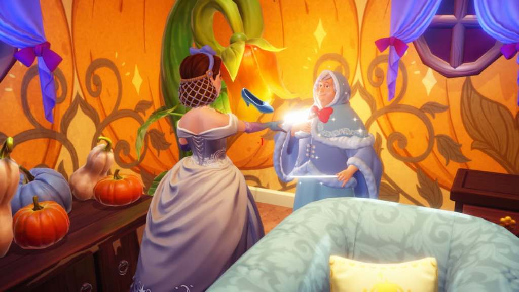 Standing in pumpkin house with fairy godmother giving her shoe in disney dreamlight valley