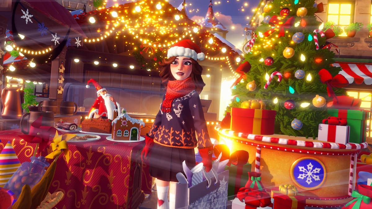 Holding a gift bag and standing in a winter market in disney dreamlight valley