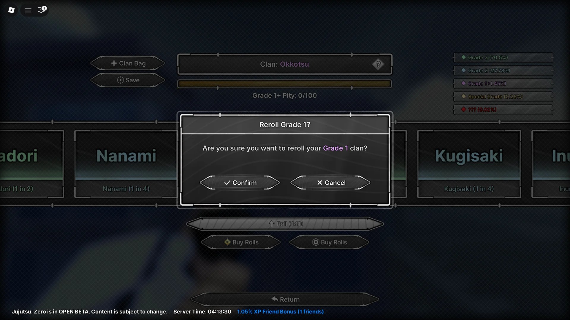 Preview of the safety mechanic in Jujutsu Zero that prevents one from rerolling a rare clan on accident.