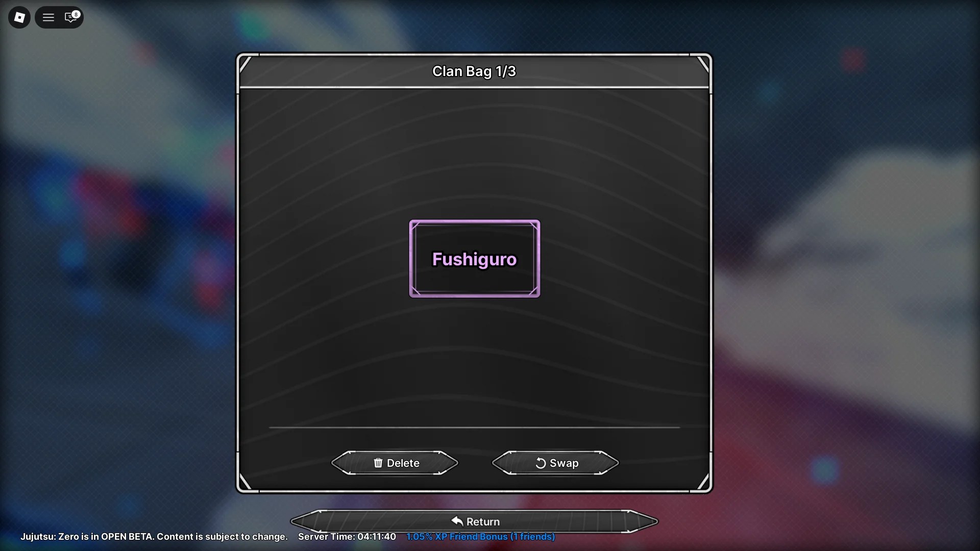 Preview of the clan bag storage in Jujutsu Zero Roblox experience.