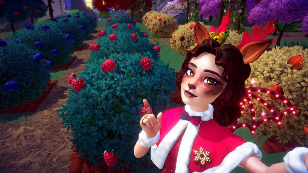 Pointing at raspberry bushes in disney dreamlight valley