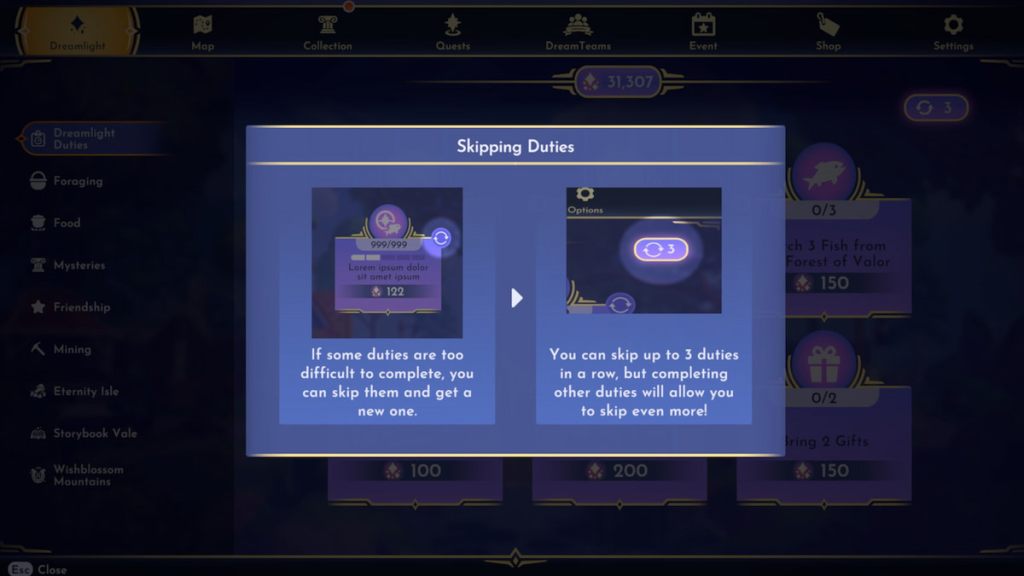 Re-roll duties in disney dreamlight valley