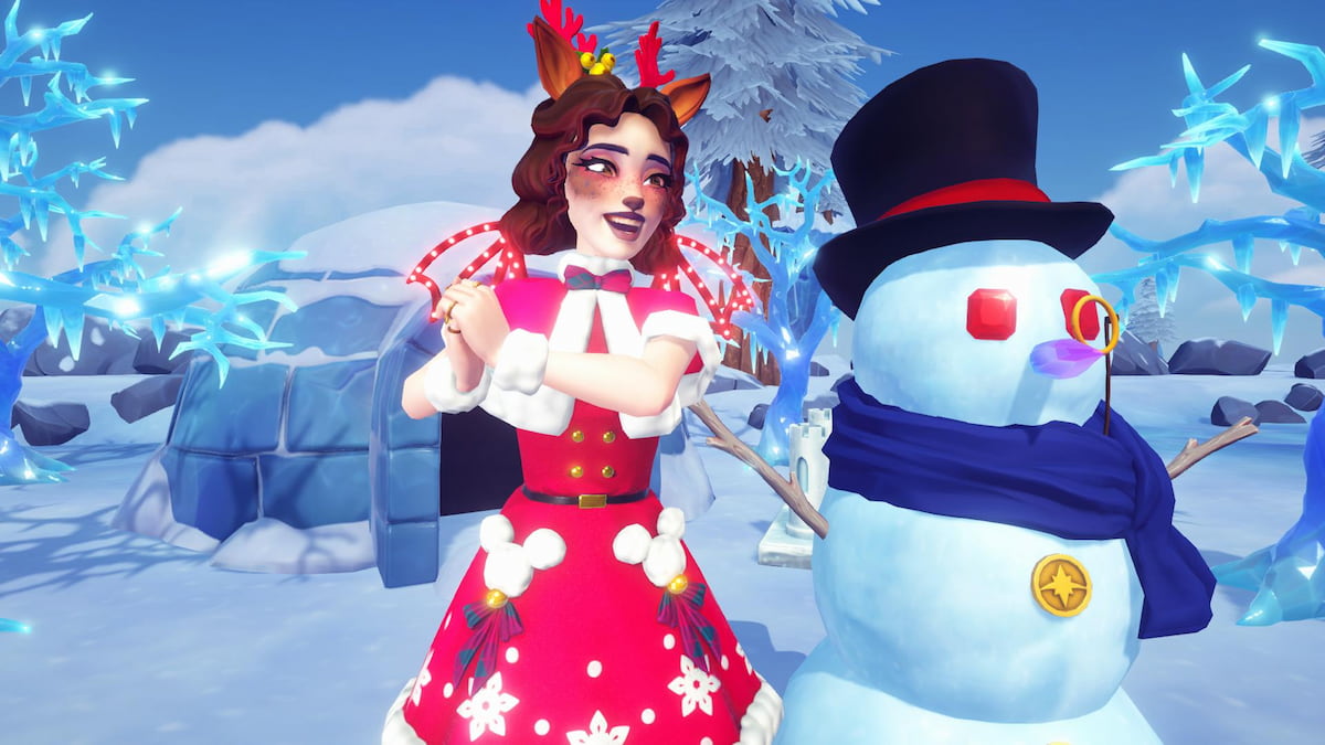 Posing and smiling next to snowman in disney dreamlight valley
