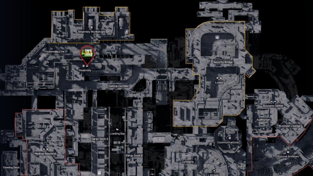 A 3D render of the lower level of Stella Montis in ARC Raiders with a map pin placed above the Assembly area. 