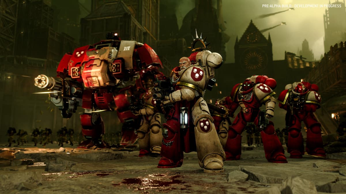 A Space Marine chapter walking into battle in Total War: Warhammer 40K.