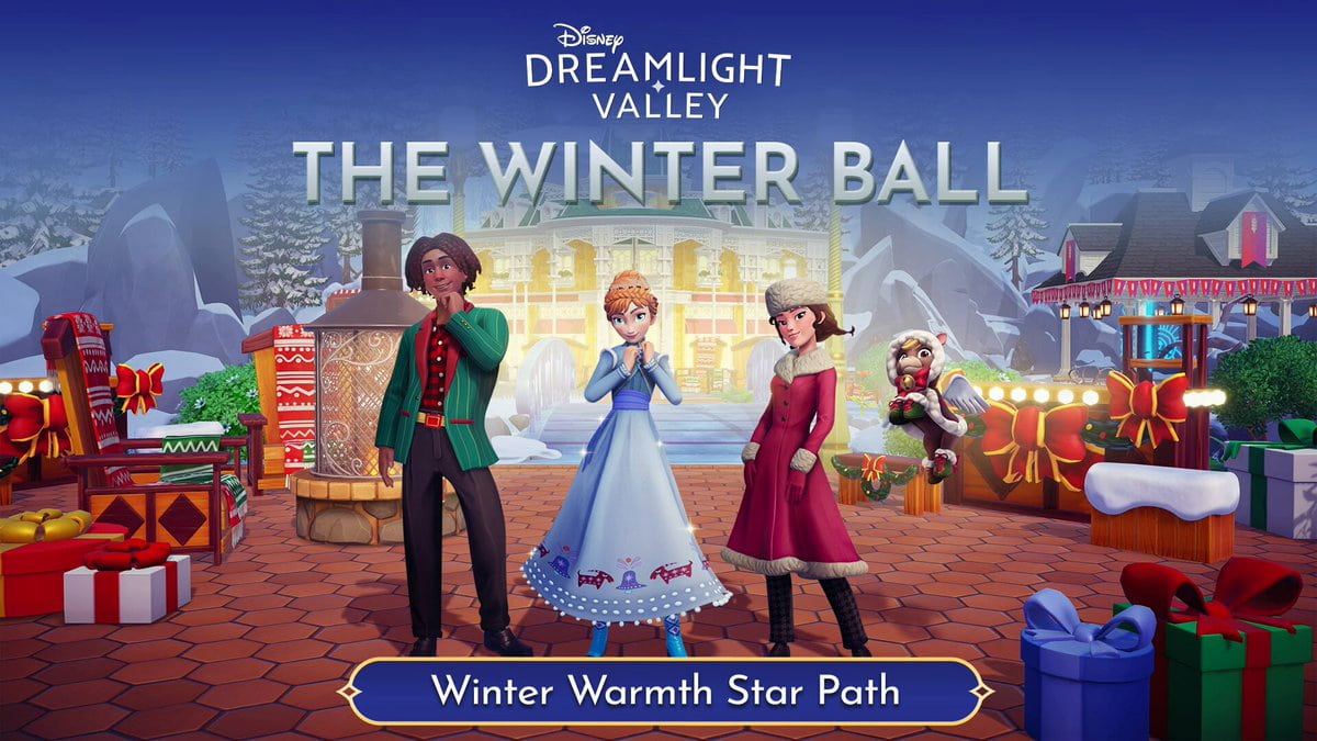 The Winter Ball Star Path with two players dressed in warm, cozy, festive fashions by Anna in disney dreamlight valley