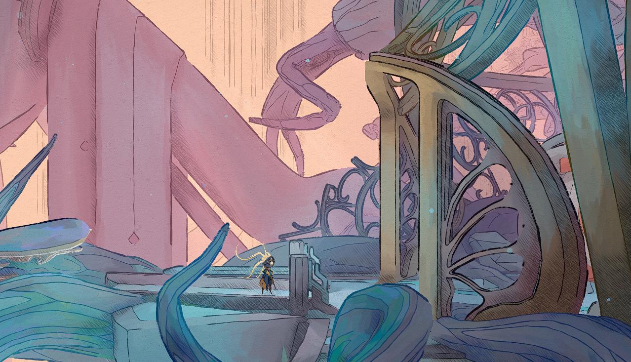 A colorful screenshot from Mio: Memories in Orbit showing a black and yellow female robot standing in front of a metal door with intricate designs in it.