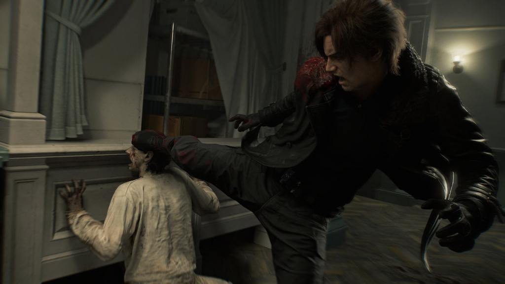 Leon kicking a zombie in the back of the head