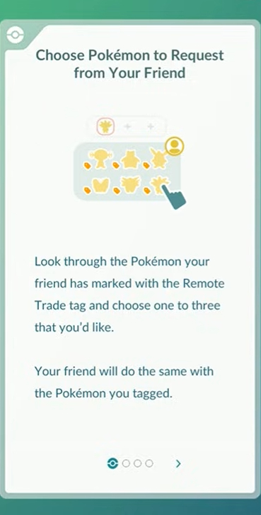 A screenshot from Pokémon go showing the instructions on how to remotely trade a Pokémon.