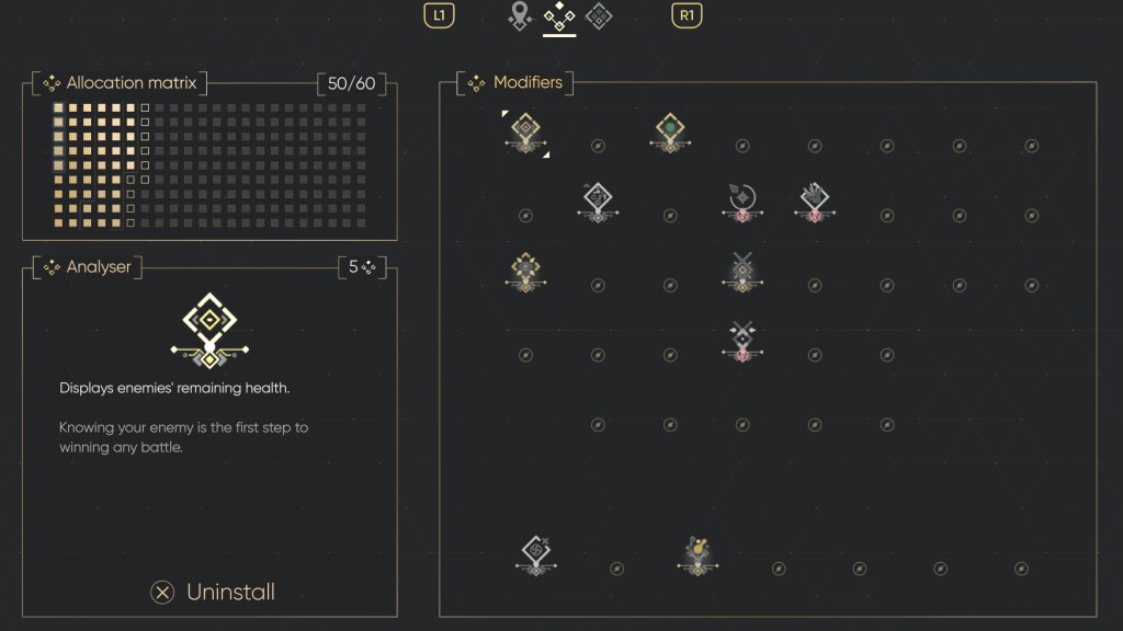A screen showing the modifier menu in Mio: Memories in Orbit.