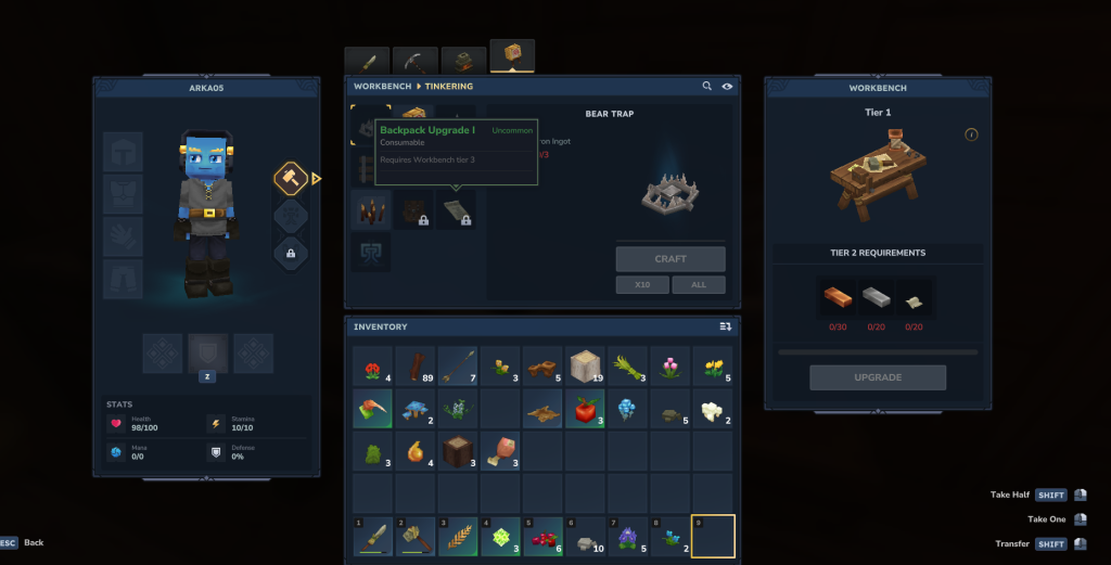 Backpack upgrade recipe in Hytale