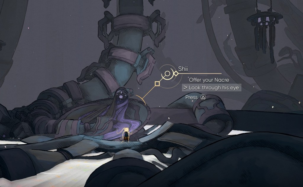 A purple robed robot-looking thing sits on the floor in a dark room in this screenshot from MIO: Memories in Orbit
