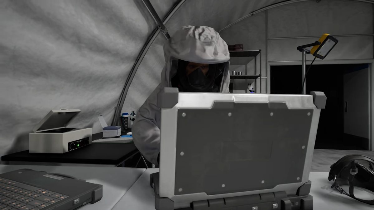 Man in hazmat suit looking at the contents inside a silver briefcase