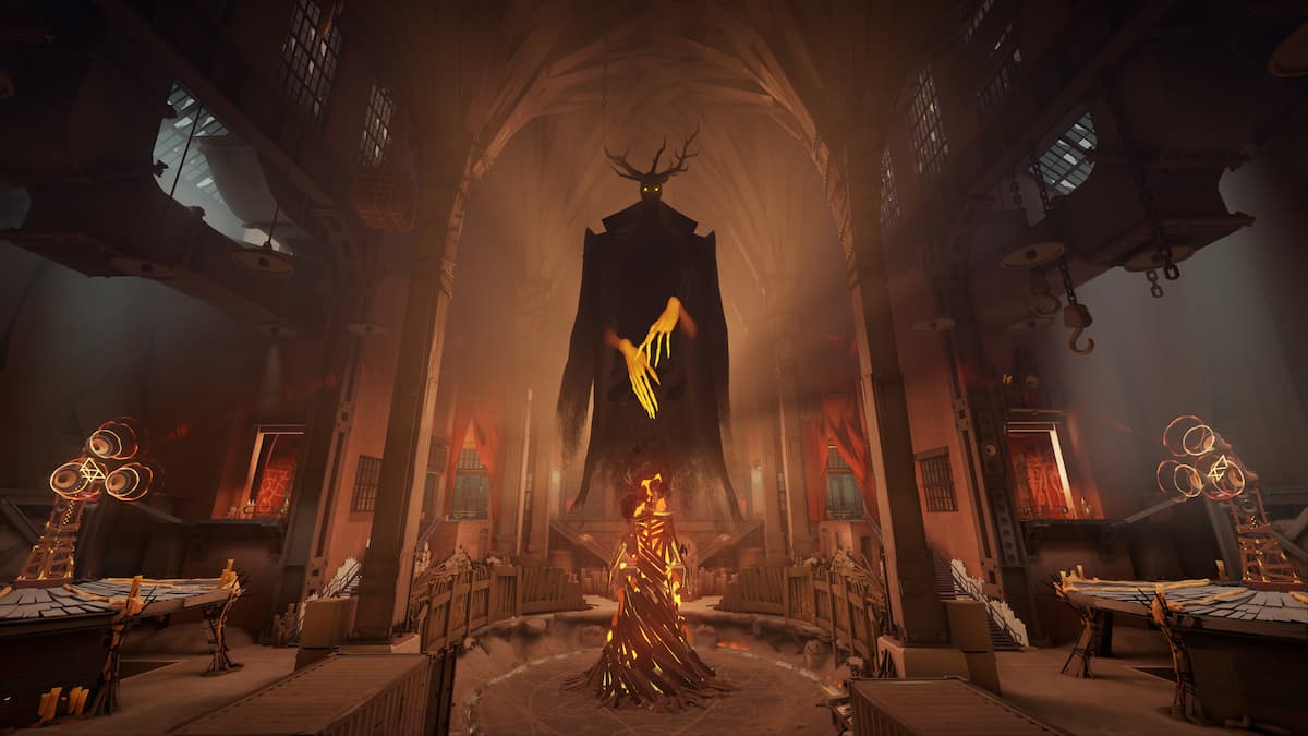 The Hidden King hovering above a bonfire in Deadlock.