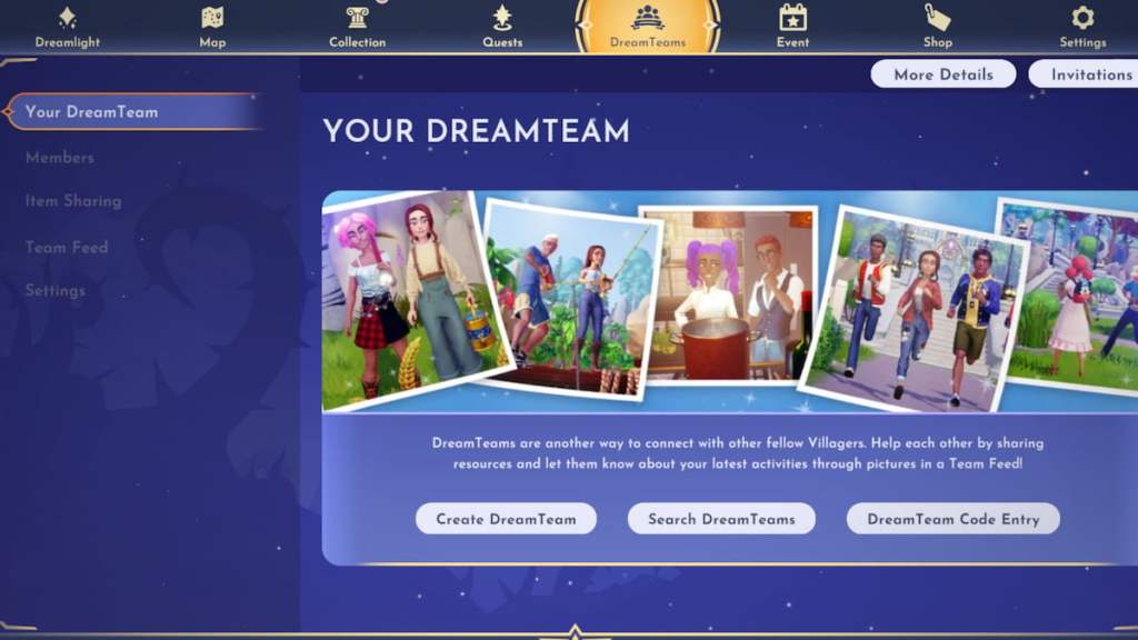 Dreamteam page in disney dreamlight valley