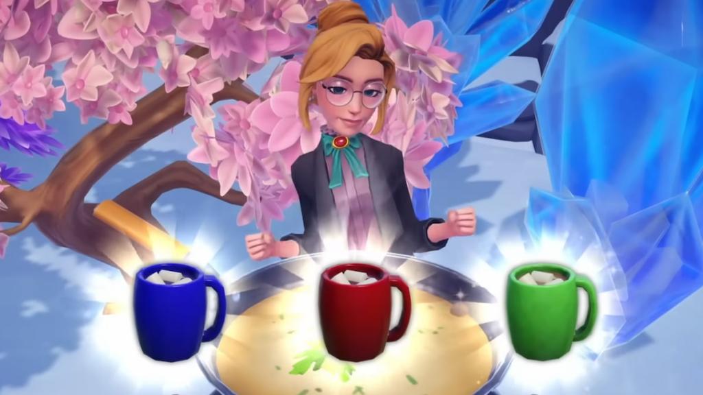 A blue, red, and green mug of hot cocoa in front of a player in disney dreamlight valley